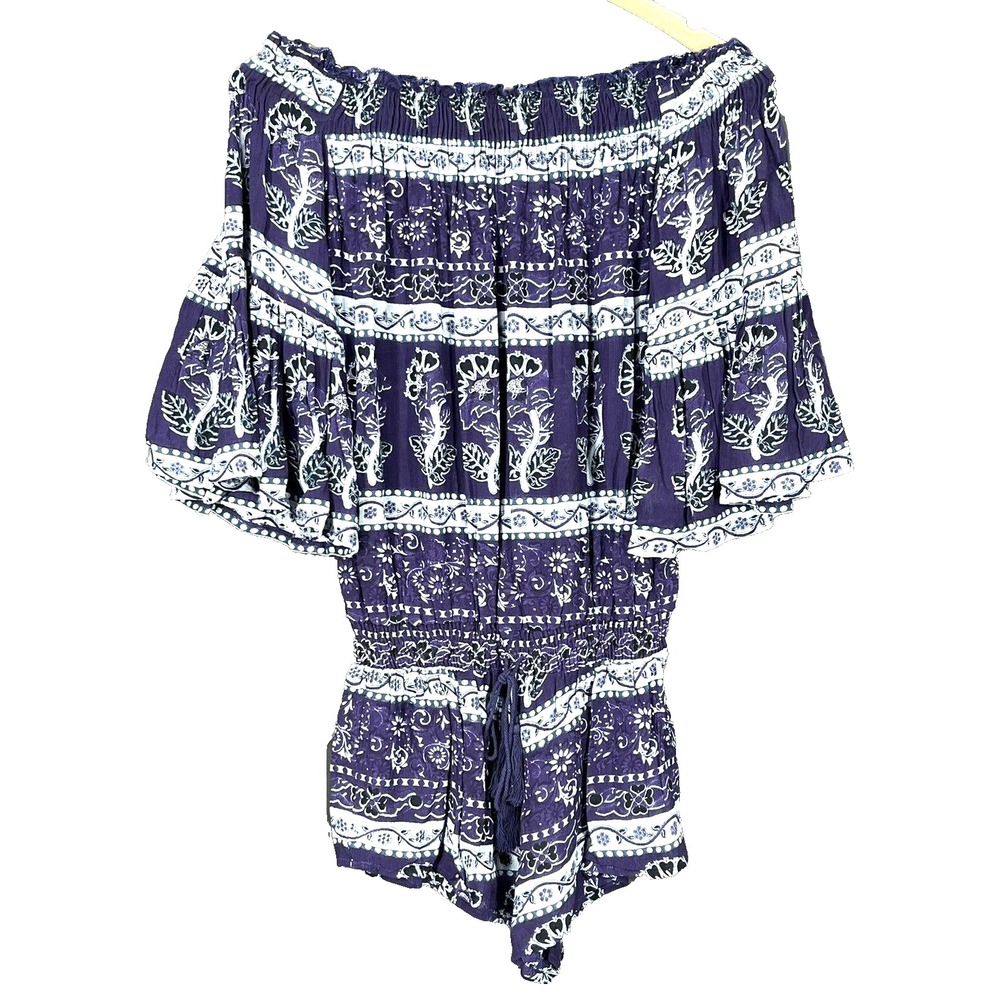 CHELSEA & VIOLET Purple Floral BOHO SHORTS ROMPER Off-Shoulder PEASANT Slouchy S